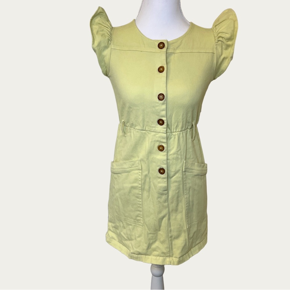Copper Key Bright Yellow Women’s Dress with Button‎ Accents Ruffle Sleeve Medium